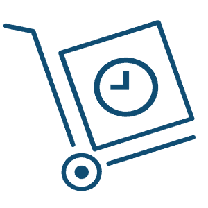 Blue icon of a dolly with a box on it and a clock symbol on the box representing on-time delivery.