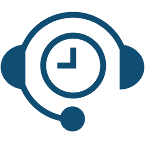 A blue icon of a clock and a phone headset representing 24/7 communication with a human.